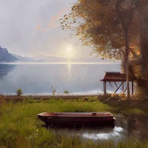 Image similar to a house by the lake painted by greg rutkowski