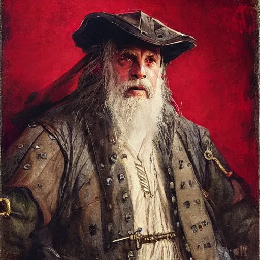 Image similar to Solomon Joseph Solomon and Richard Schmid and Jeremy Lipking victorian genre painting portrait painting of a old rugged movie actor medieval knight character in fantasy costume, red background