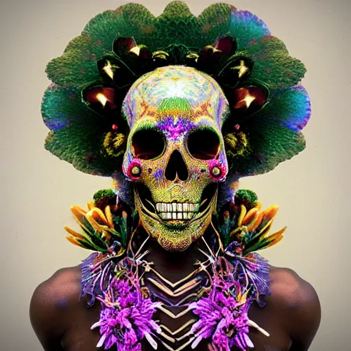 Prompt: a golden skull face african marijuanna shaman with an afro made of flowers, third eye art art by machina infinitum, complexity from simplicity, rendered in octane, mandelbulb 3 d, ambient occlusion, macro photography, felt!!! texture, tribal, neon retrowave, felt volumetric lighting