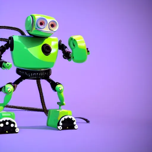 Prompt: a cool mechanic robot chick, with a tv head and gears and bolts everywhere on its body, doing karate moves in the air and swinging an electric guitar, 3 d render by pixar and disney,