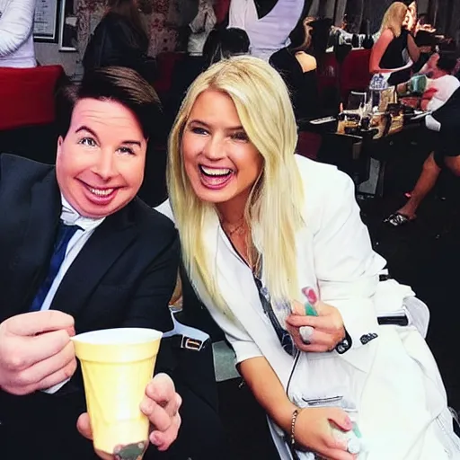 Prompt: Michael Mcintyre sitting next to a blonde woman eating ice creams & taking a selfie