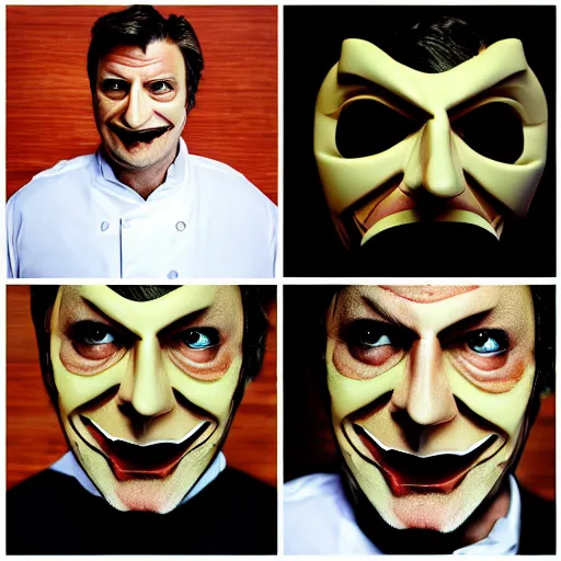Image similar to dr nathan fillion in the style of guy fawkes mask, professional food photography