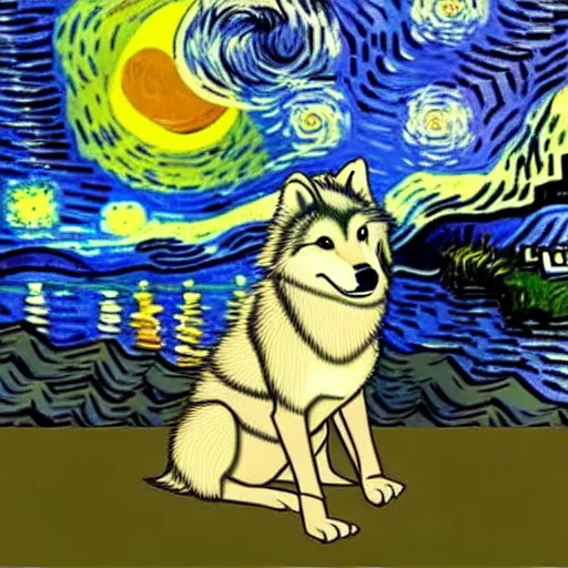 Image similar to view from behind of fluffy baby grey wolf sitting on the shore of a pond, looking out at a sunset, award winning illustration by vincent van gogh