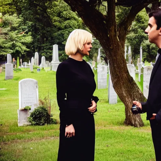 Image similar to A photo of a woman in a black outfit and a man in a black suit talking in a gloomy cemetery