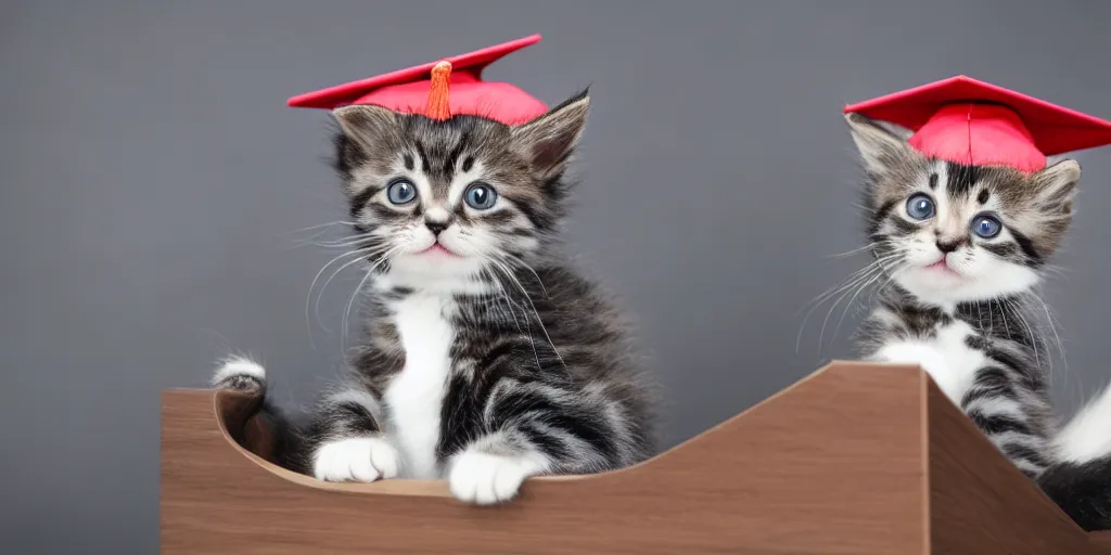 Prompt: A professional photograph of a kitten in a graduate hat doing a speech from a speech tribune , shutterstock, university, cinematic, 8K, award-winning photo, highest quality, perfect moment