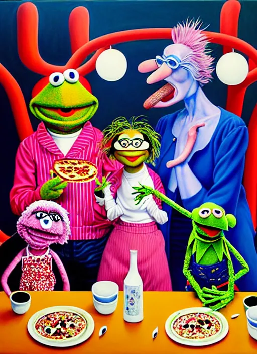 Image similar to hyper detailed painting of an muppet family in japanese clothes in an old italian restaurant eating flamingo pizza and drinking blue wine by Bel Fullana, Rhys Lee, Storm Thorgerson, and Danny Fox, neo expressionism art, semi naive, rich deep colors. Allison Schulnik painting, part by Adrian Ghenie and Gottfried Helnwein. art by Ron Mueck. masterpiece