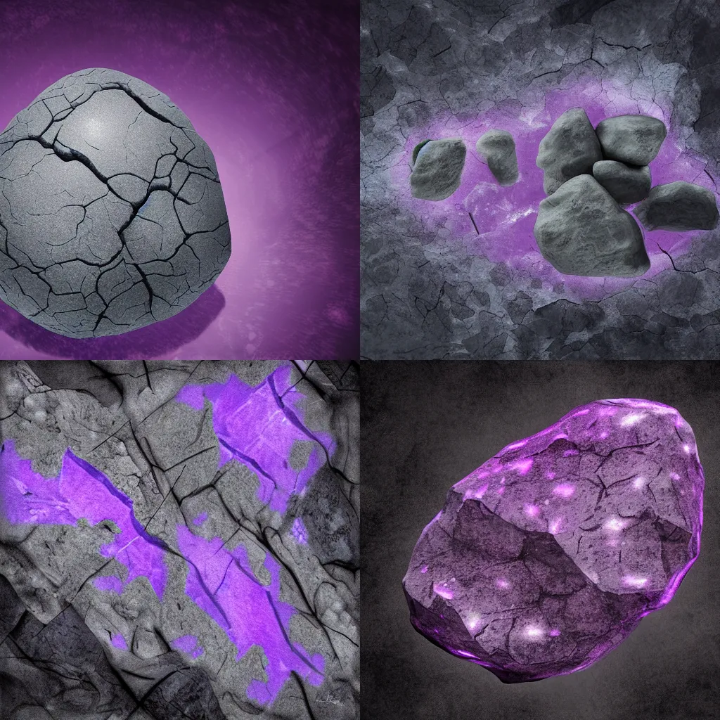 Prompt: a lump of grey rock with purple glowing veins on black background, digital art, highly detailed, fantasy art