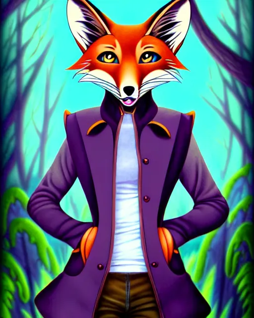 Image similar to don bluth, loish, artgerm, steampunk, clockpunk anthropomorphic fox girl, purple vest, smiling, symmetrical eyes symmetrical face, colorful animation forest background