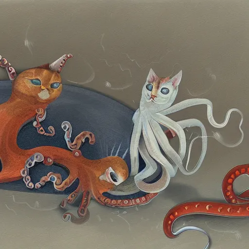 Image similar to octopus and cats fighting for life, digital paintingl