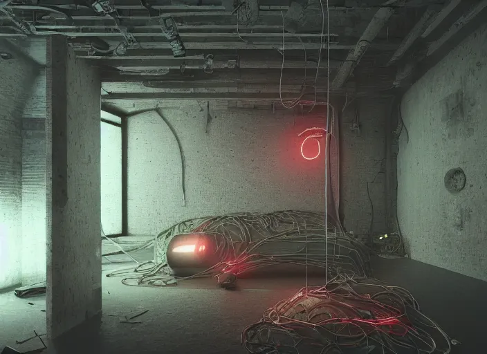 Image similar to rgb wires, basement, cinematic, movie scene, inspired by zdzislaw beksinski, veins,, cables everywhere, bedroom, ultra realistic, concept art, intricate details, highly detailed, photorealistic, octane render, 8 k