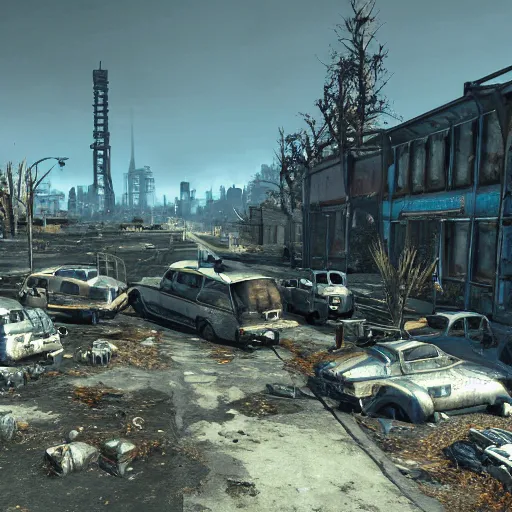 Image similar to vancouver in ruins post - nuclear war in fallout 4, in game screenshot