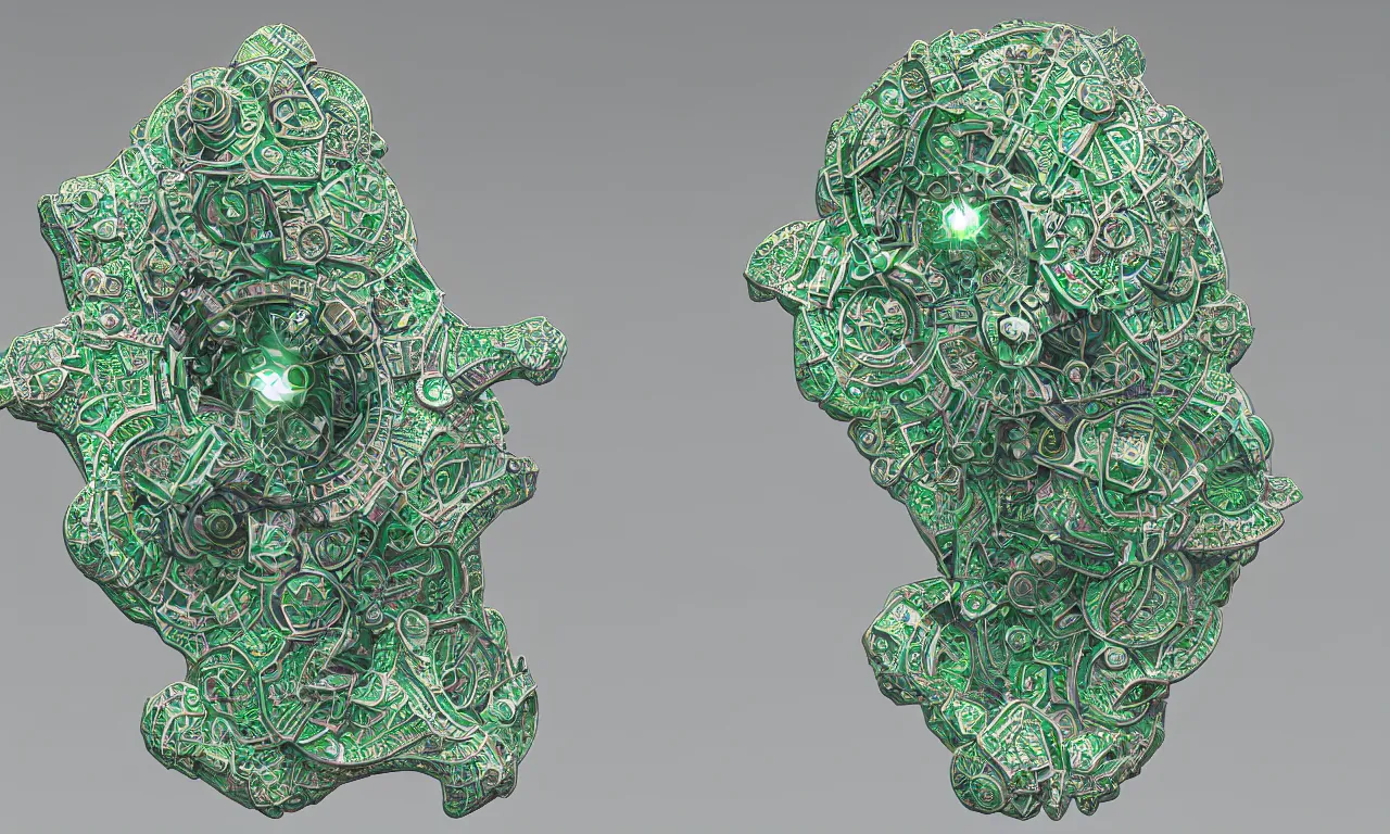 Image similar to mandrelbot 3 d volume fractal mandala ceramic chakra digital color stylized an ancient white bone and emerald gemstone relic, intricate engraving concept 3 d point lighting substance patern natural color scheme, global illumination ray tracing hdr fanart arstation by sung choi and eric pfeiffer and gabriel garza and casper konefal