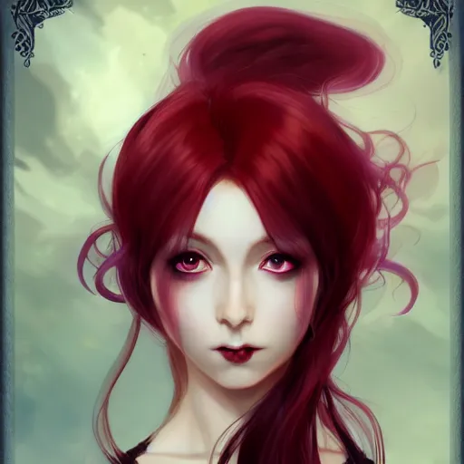 Image similar to facial portrait of a young pretty anime woman, long red hair, dark eyes, gothic eyeliner, character concept art, headshot, Charlie Bowater, Anna Dittmann, WLOP, Rumiko Takahashi, Akihiko Yoshida, Hyung-tae Kim, alexander mcqueen, trending on Artstation