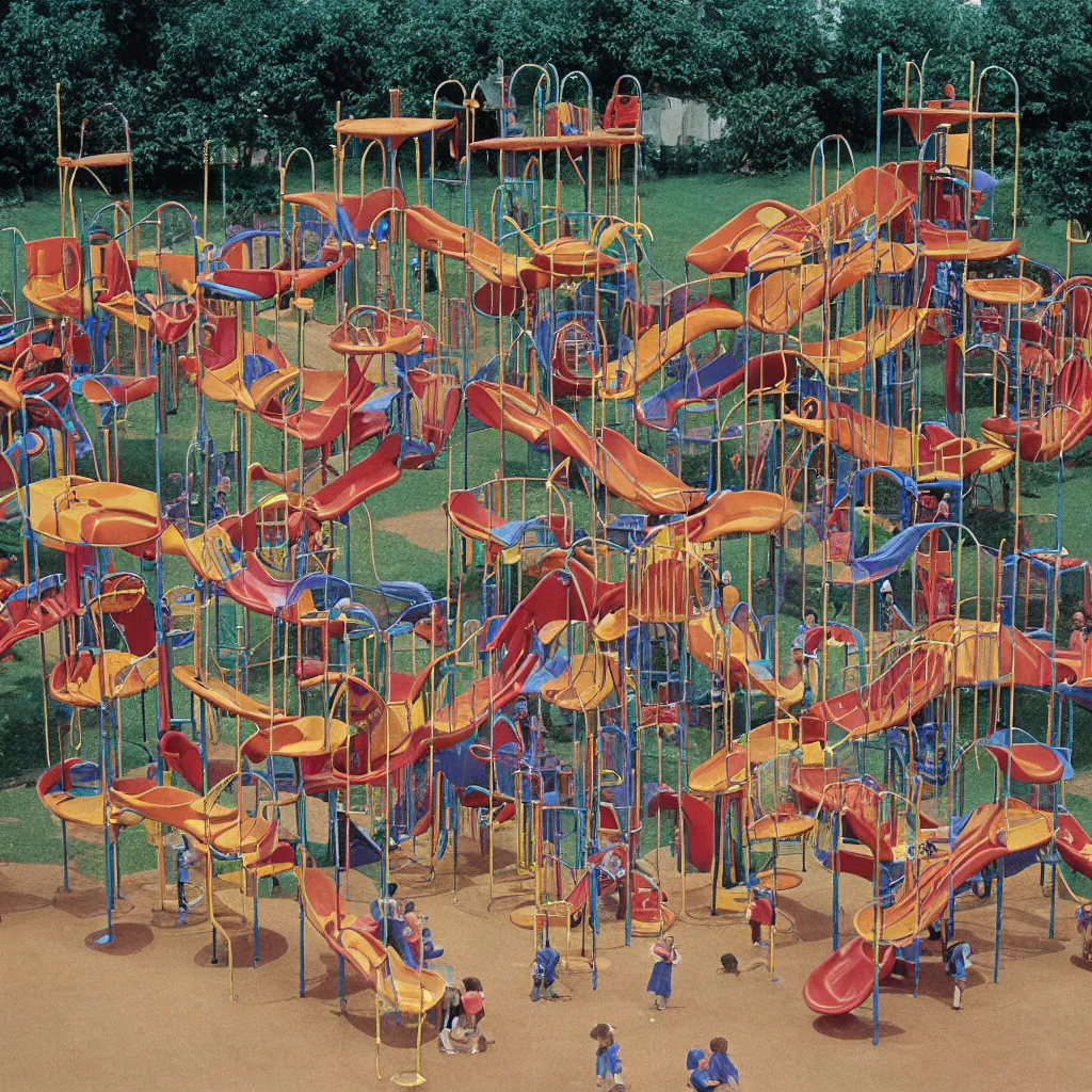 Image similar to full - color 1 9 7 0 s photo of a vast incredibly - large complex very - dense tall many - level playground in a crowded schoolyard. the playground is made of wooden planks, rubber tires, metal bars, and ropes. it has many spiral staircases, high bridges, ramps, balance beams, and metal tunnel - slides.