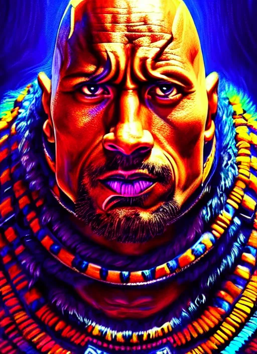 Image similar to portrait of dwayne johnson, hyper detailed ultra sharp aztec shaman warrior. trending on artstation, warpaint aesthetic, bloodwave, colorful, psychedelic, ornate, intricate, digital painting, concept art, smooth, sharp focus, illustration, art by artgerm and greg rutkowski and h. r. giger, 8 k