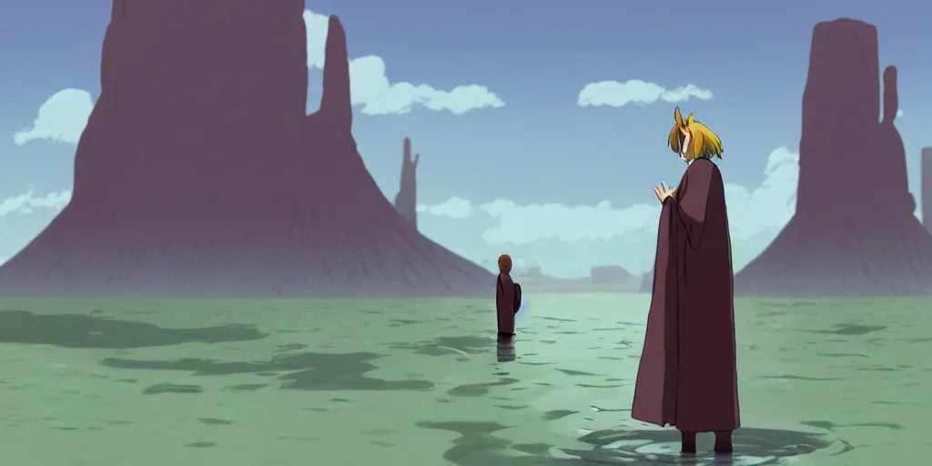 Image similar to a realistic cell - shaded studio ghibli concept art from paprika ( 2 0 0 6 ) of an anthropomorphic dolphin from close encounters of the third kind ( 1 9 7 7 ) in a flooded monument valley stonehenge. a monk in a robe is meditating in the foreground. very dull colors, wide shot, hd, 4 k, hq