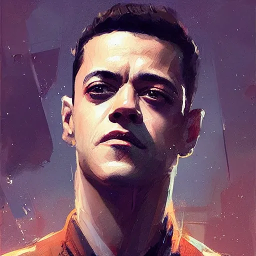 Image similar to “ portrait of rami malek by greg rutkowski, young, attractive, highly detailed portrait, scifi, digital painting, artstation, concept art, smooth, sharp foccus ilustration, artstation hq ”