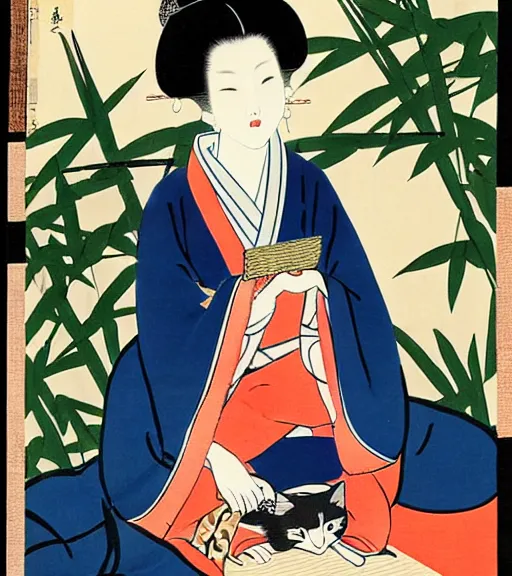 Image similar to madonna the singer in a beautiful kimono holding in her hand a fan, sitting on the floor next to a black and white playing cat, in the background a folding screen with blue irises and a window with bamboo. in the style of bijin - ga.