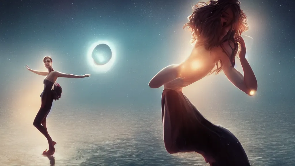 Prompt: whimsical, a beautiful whimsical woman, wearing professional makeup, standing in a lake, raising an arm, under a binary black hole with a ring, by Greg Rutkowski, by Ilya Kuvshinov, by artgerm, by Studio Ghibli, face enhance, volumetric lighting, 4k resolution, octane render, trending on artstation