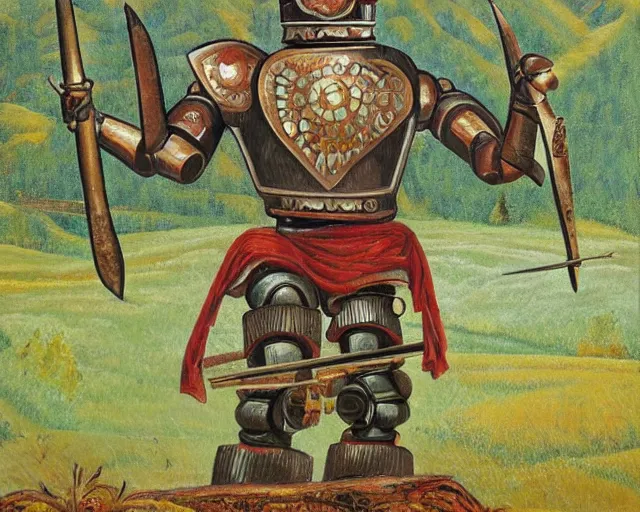 Image similar to ancient greek robot warrior standing in front of altai forest with a sword, detailed art in the style of middle ages