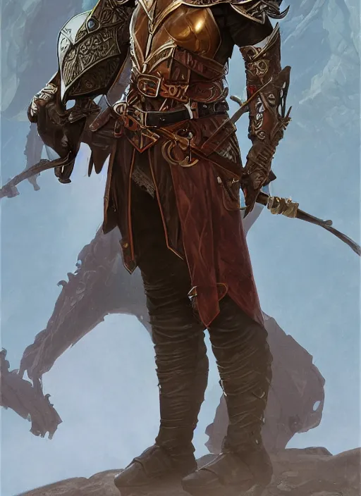 Image similar to full body portrait of a male half elf in fireproof leather armor wearing a utility belt and goggles, D&D, fantasy, intricate, cinematic lighting, highly detailed, digital painting, artstation, concept art, art by Terry Moore and Greg Rutkowski and Alphonse Mucha