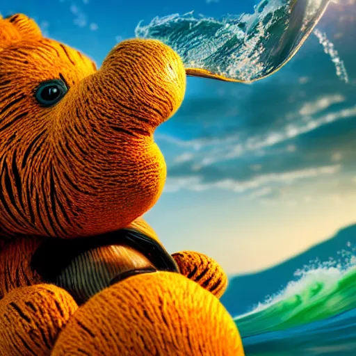 Image similar to a closeup photorealistic photograph of a cute smiling knitted tiger hippopotamus riding an epic wave at sunset. surf in the background. professional capture. brightly lit scene. this 4 k hd image is trending on artstation, featured on behance, well - rendered, extra crisp, features intricate detail, epic composition and the style of unreal engine.