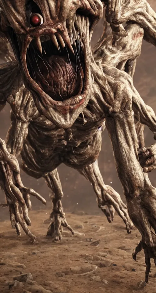 Image similar to still from a horror movie of grotesque alien lunging towards the camera, highly detailed, horror movie scene, unreal engine, octane render, natural light outside