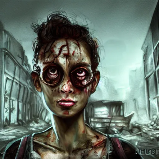 Prompt: pretty face, wide angle lens, photorealistic, 4k, background of destroyed city post apocalyptic, steakpunk, soft lighting, portrait, style of gigar, GIGAR, horror alien gigar