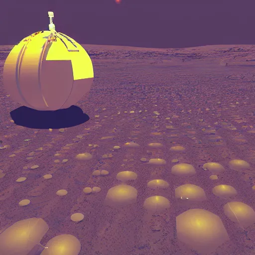 Image similar to a technical blueprint, voxel based world, space mining station on the surface of mars, myriad of interconnected yellow drop pod structures, connected via tubes