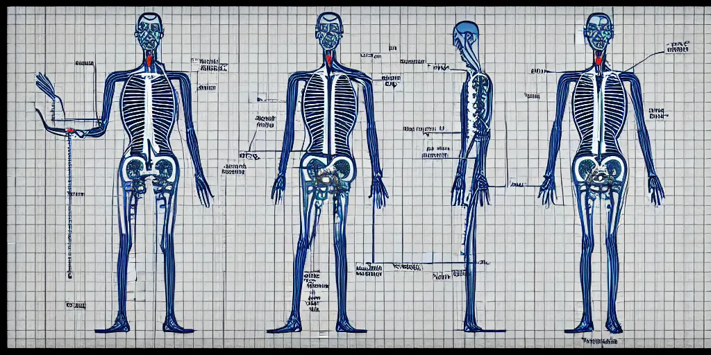 Image similar to technical diagram blueprint of anthropomorphic anatomical sip technician, performance enhanced salesman anatomy, snake oil sip tech technical blueprint plan