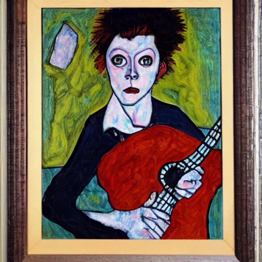 Prompt: Punk Punk Punk girl playing electric guitar, oil painting by Egon Schiele, masterpiece