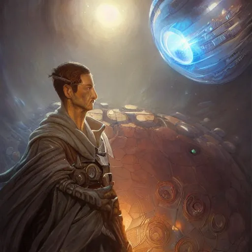 Image similar to male rogue wearing a cloak on an alien world and holding a holographic planet projection in his hand, covered face, detailed, sci - fi, digital painting, artstation, sharp focus, illustration, artgerm, tomasz alen kopera, peter mohrbacher, donato giancola, joseph christian leyendecker, wlop, frank frazetta