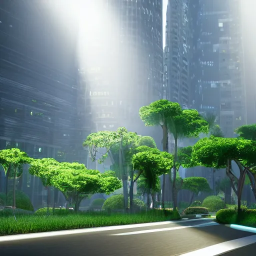 Prompt: a lush futuristic world overgrown by vegetation, tall skyscrapers, flying cars, cinematic lighting, god rays, 8k, render