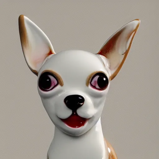 Image similar to A porcelain model of a chihuahua painted in an Emma Bridgewater pattern, sculpture, photograph, studio lighting, product photography, advertising photography, pottery, figurine, octane render –H 768