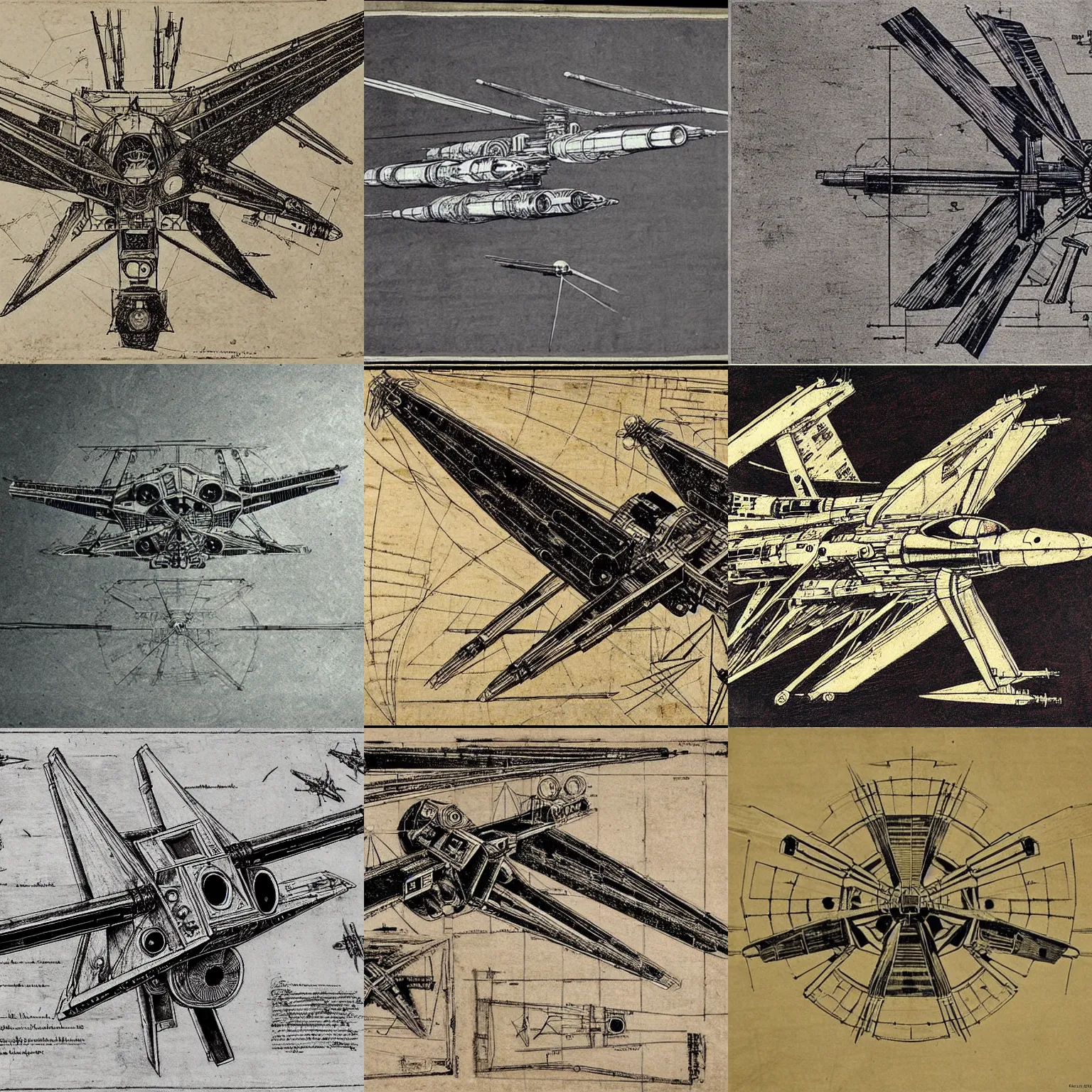 Image similar to x-wing fighter, hyperdetailed, schematic drawing by Leonardo Da Vinci