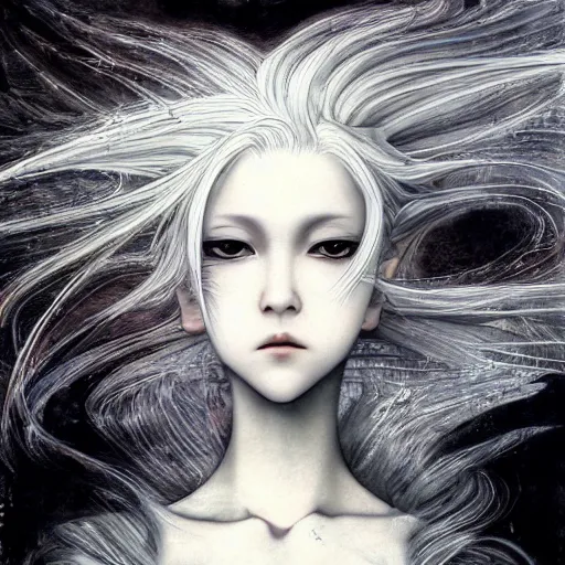 Image similar to Yoshitaka Amano realistic illustration of an anime girl with white hair and cracks on her face wearing dress suit with tie fluttering in the wind, abstract black and white patterns on the background, noisy film grain effect, highly detailed, Renaissance oil painting, weird portrait angle