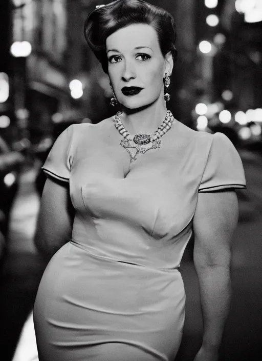 Prompt: a hyper realistic and detailed head portrait photography of a joan holloway, curvy, of mad men on madison avenue, new york city. by annie leibovitz. noir style. cinematic. neon lights glow in the background. ilford hp 5 4 0 0, canon eos c 3 0 0, ƒ 1. 8, 3 5 mm, 8 k, medium - format print