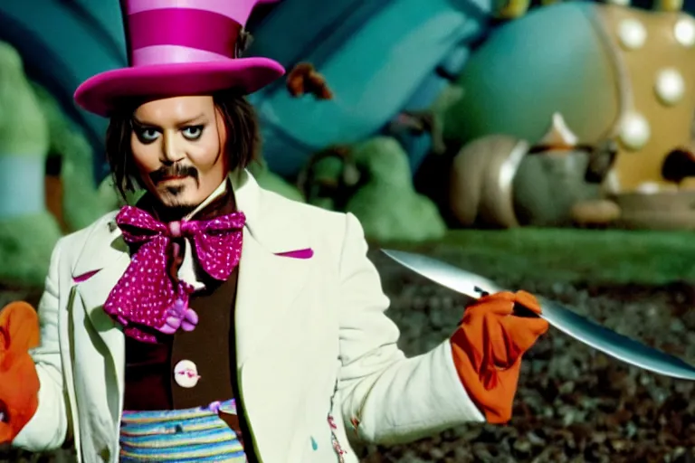 Prompt: cinematic still of johnny depp playing a whimsical character holding a large knife covered in dripping fudge over an umpa lumpa in willy wonka & the chocolate factory film directed by tim burton, movie still, long lens, shallow depth of field, bokeh, anamorphic lens flare