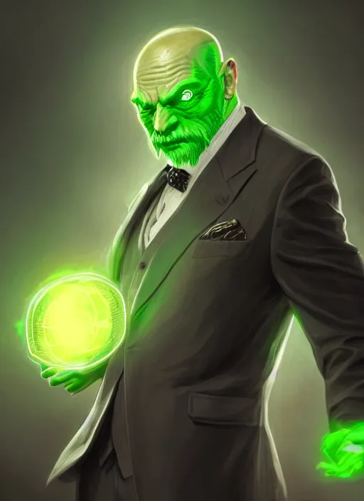 Prompt: a highly detailed illustration of bald old man wearing suit with green glowing eyes, dramatic standing pose, intricate, elegant, highly detailed, centered, digital painting, artstation, concept art, smooth, sharp focus, league of legends concept art, wlop.