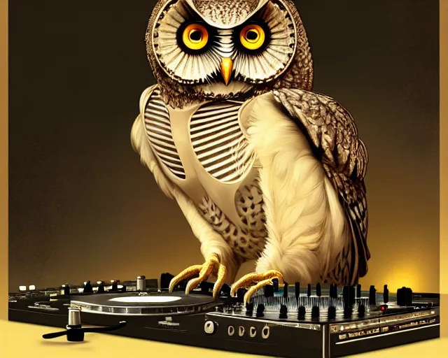 Image similar to anthropomorphic dj owl mixing on stage, diffuse lighting, fantasy, intricate, elegant, highly detailed, lifelike, photorealistic, digital painting, artstation, illustration, concept art, smooth, sharp focus, art by john collier and albert aublet and krenz cushart and artem demura and alphonse mucha