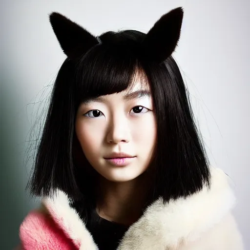 Image similar to aesthetic portrait of a beautiful young Japanese woman with furry white cat ears, by Nick Knight, headshot, realistic, photorealistic, HD, 4k resolution