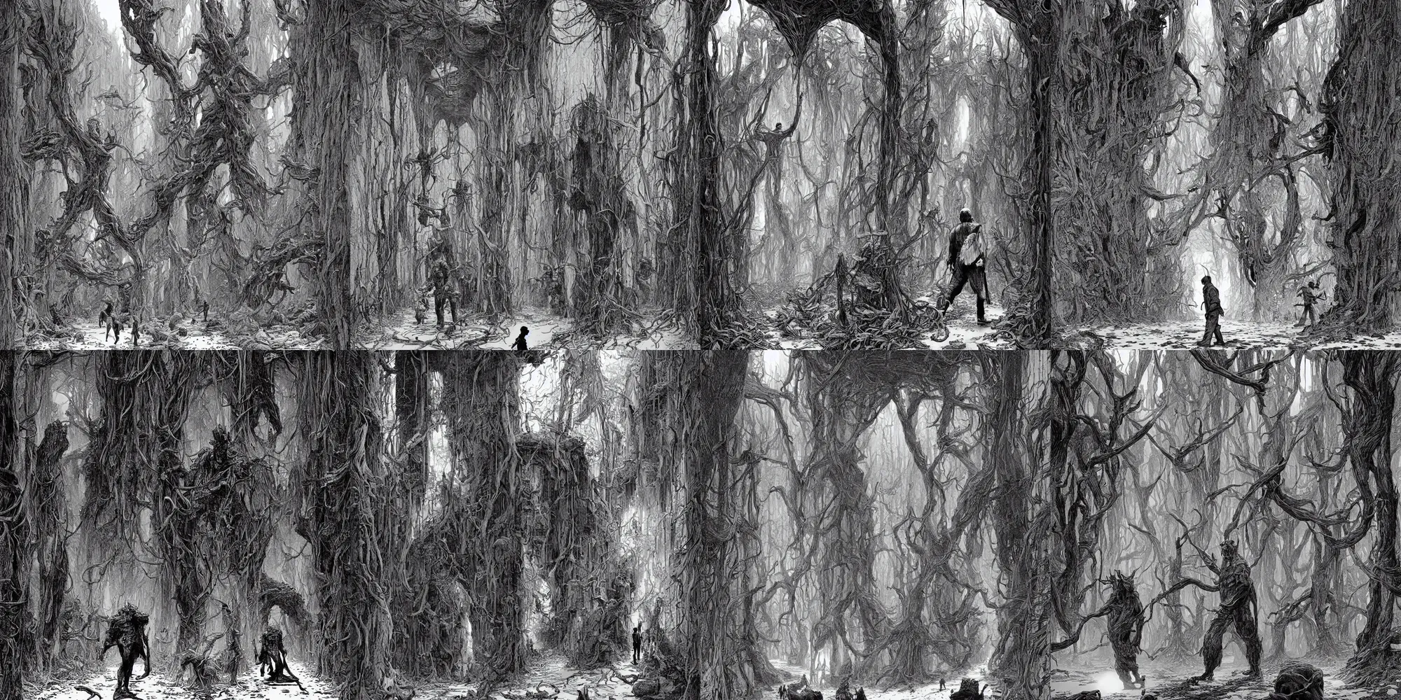 Image similar to a giant man walks in an old wood corridor, 2 meters, black and white illustration, by james jean and wayne barlowe and moebius