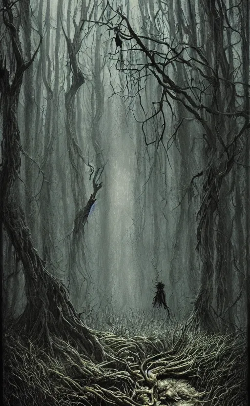 Image similar to a witch in an ominous forest, cinematic lighting, at night, highly detailed, symmetric, concept art, masterpiece, fantasy art, hyperdetailed, hyperrealism, saturated colors, art by zdzistaw beksinski, arthur rackham, dariusz zawadzki, larry elmore