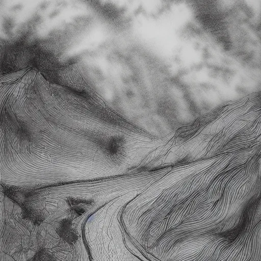 Image similar to hills of dreams, black and white, artstation, pencil illustration