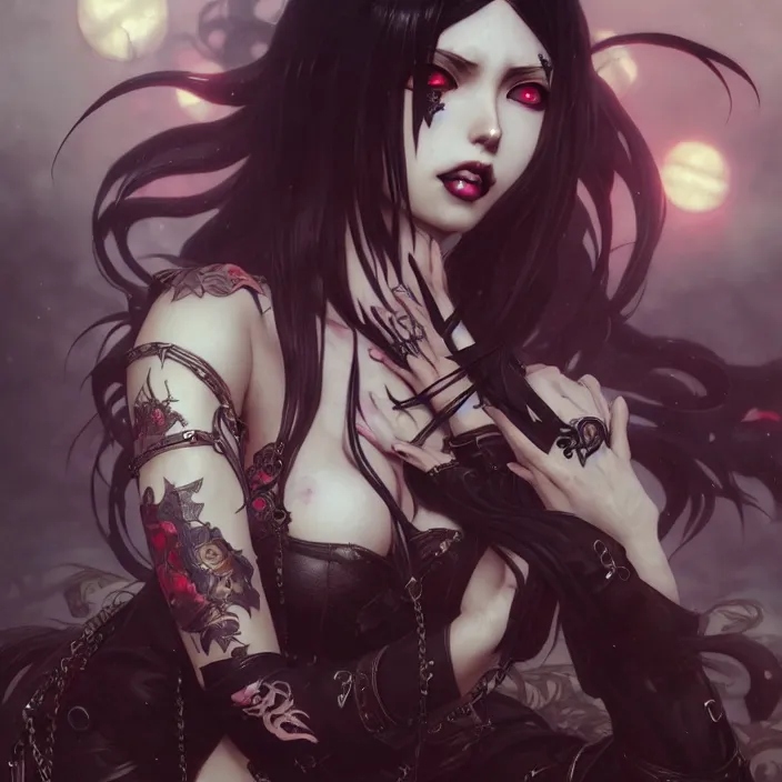 Image similar to anime female, fangs, goth, tattoos, leather, fantasy, intricate details, eerie, highly detailed, octane render, 8 k, art by artgerm and alphonse mucha and greg rutkowski