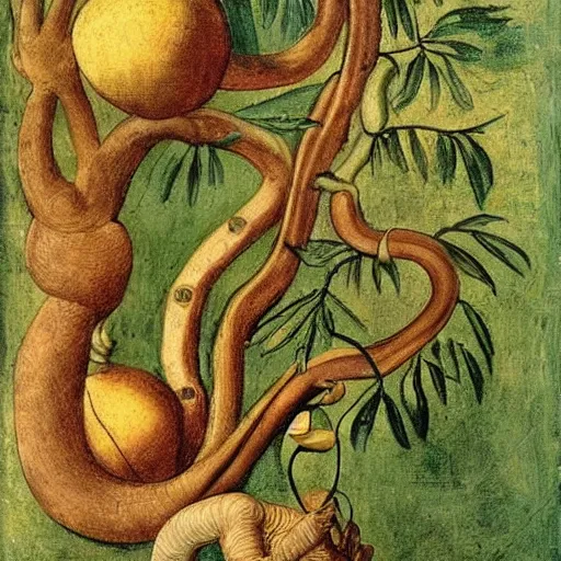 Prompt: the snake in the garden of eden holding a golden apple in its hand, coiled around a tree. painted by leonardo davinci