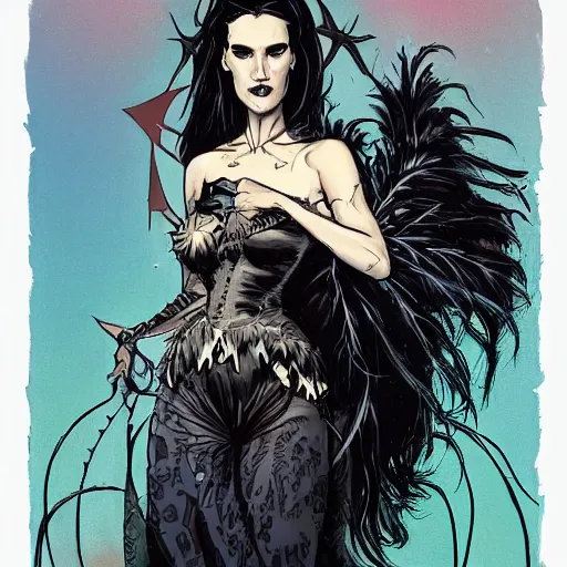 Prompt: Jennifer Connelly as dark fae gothic atompunk evil Disney villain queen with black feather hair, feathers growing out of skin, in front of space station window, Mike mignola, trending on artstation, comic book cover, illustration