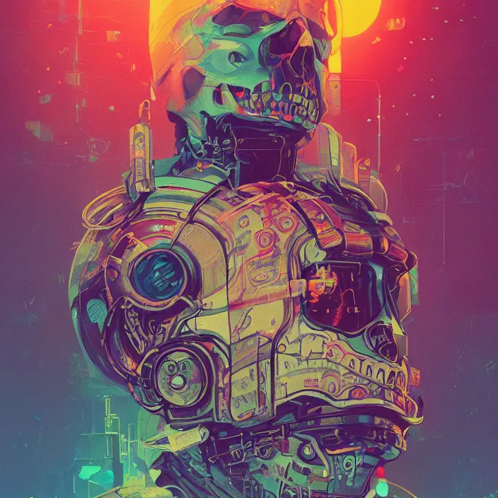 Image similar to a beautiful painting of a cyberpunk skull by simon stalenhag and pascal blanche and sachin teng and alphonse mucha. in style of digital art. colorful comic, film noir, symmetry, hyper detailed. octane render. trending on artstation