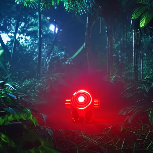 Prompt: robot snake in the middle of the jungle spying enemy country, red glowing eyes, dense jungle, middle of night, hd, uhd, 8 k, octane render