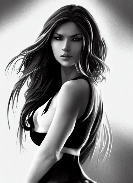 Image similar to full body portrait of a beautiful woman in black and white, photorealistic, hair down to waist, art by diego fazio and diegoKoi and artgerm, concept art, hyper sharp focus, 8k highly detailed